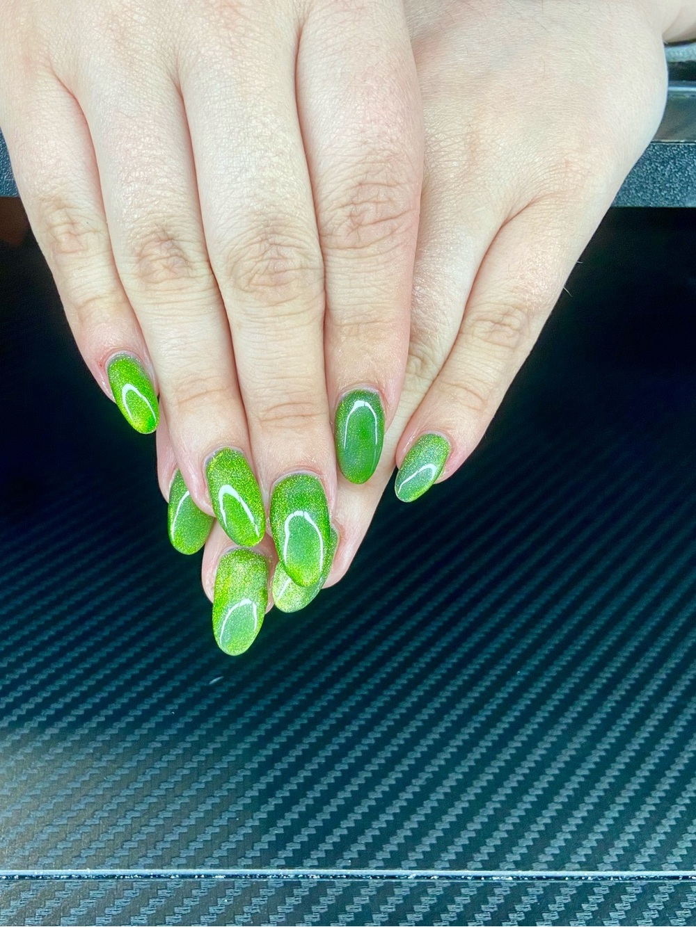 Vibrant Lime Green Cateye Gel Nails